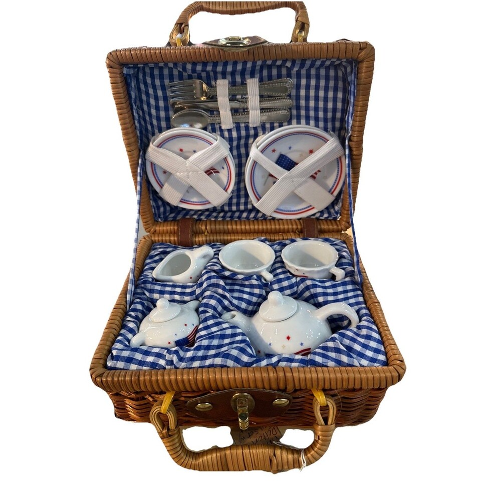 Vintage Mini Flag Tea Set In Handled Basket 16 Pieces Child’s Tea Set Patriotic